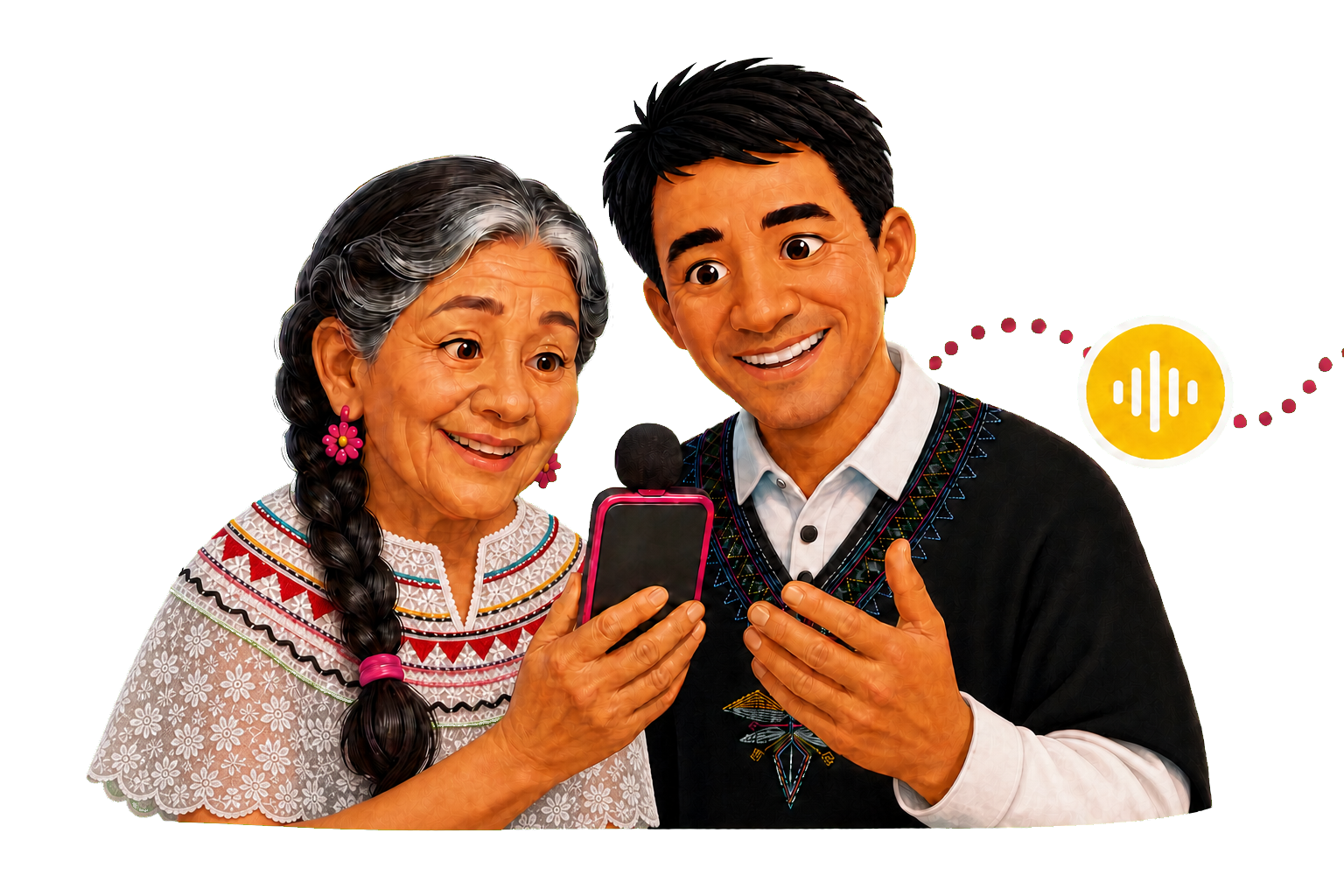 A grandmother and Marcos recording their language together